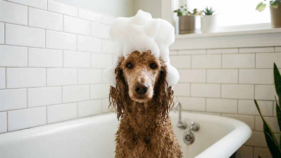 poodle taking a bubble bath